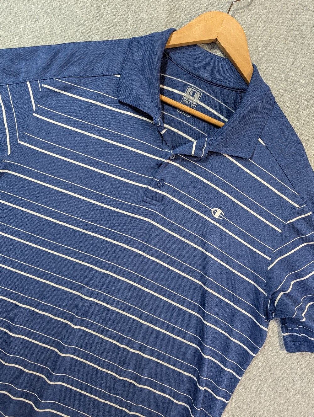 Champion Golf Polo Striped Shirt Men's Large Blue White Double Dry